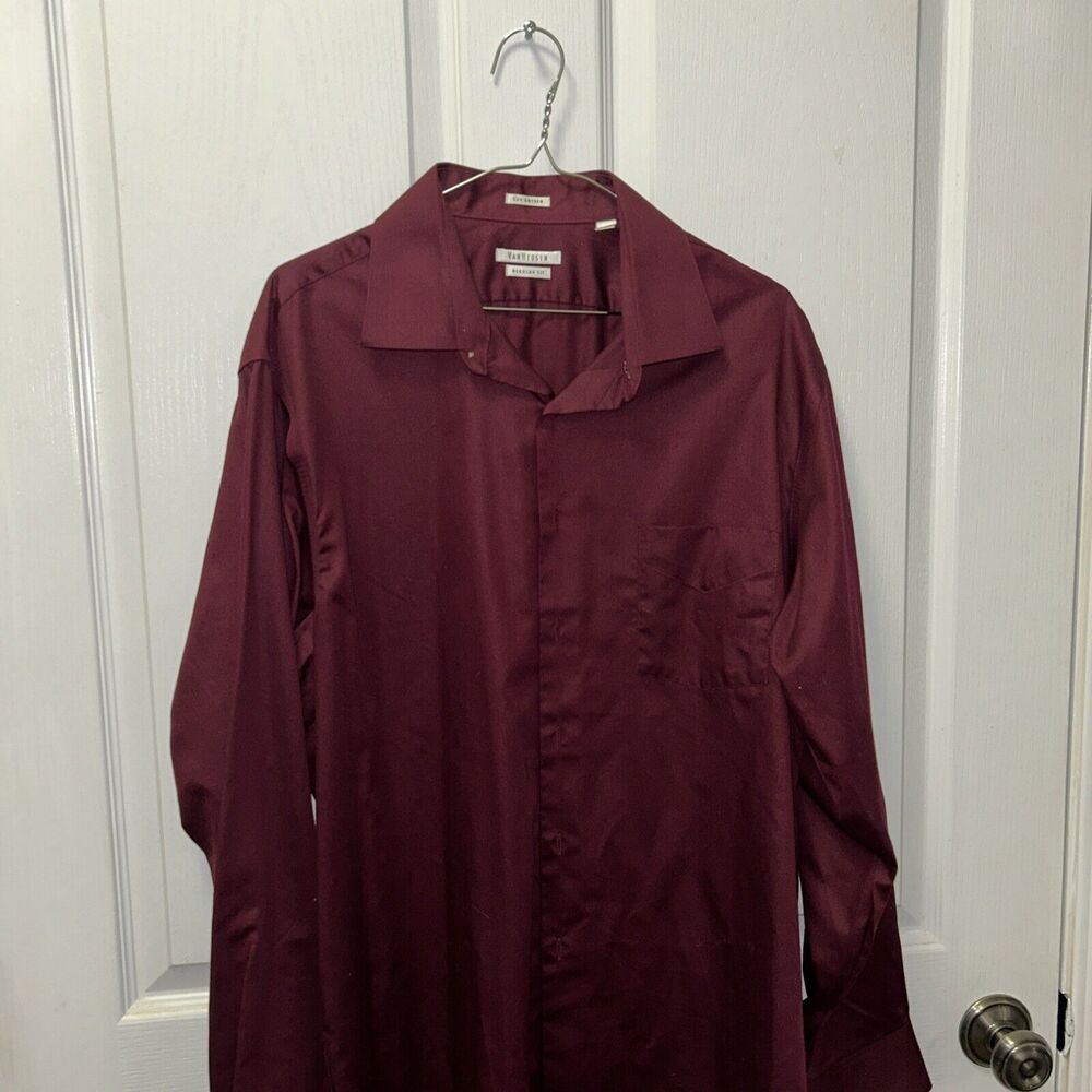 Van Heusen Men's Dress Shirt Fitted FCollar Stretch Solid Burgundy reg Fit NEW